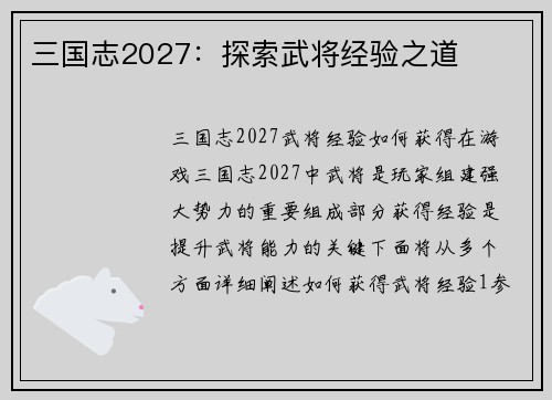 三国志2027：探索武将经验之道