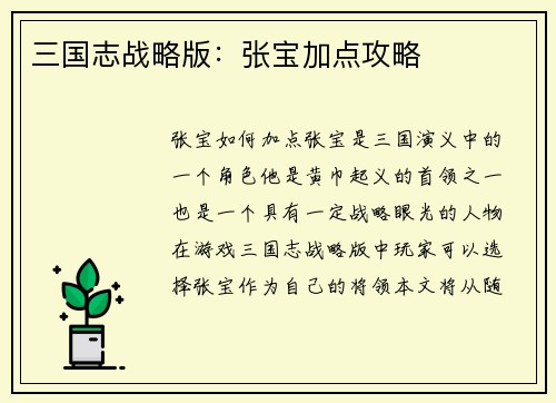三国志战略版：张宝加点攻略